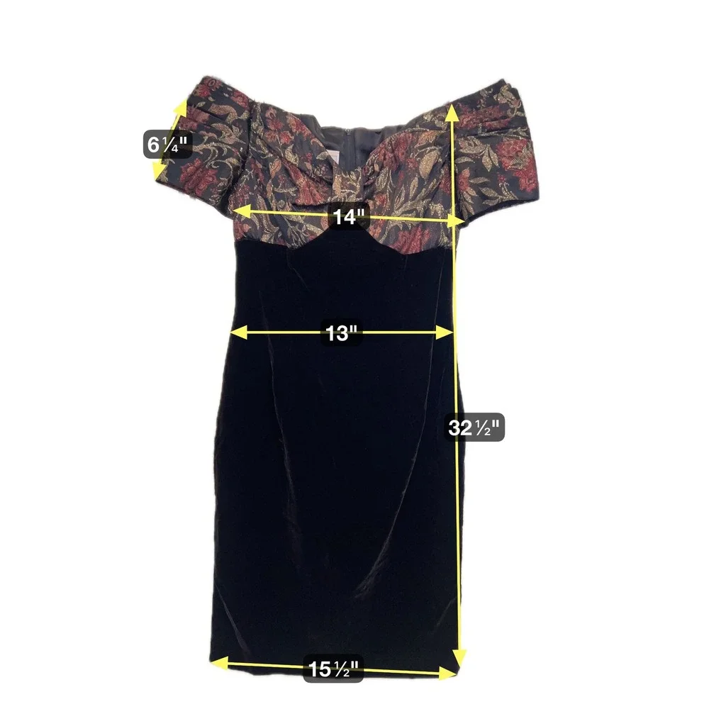 Scott McClintock Vintage 90's Black Velvet Cocktail Dress 6 Off Shoulder Jaquard